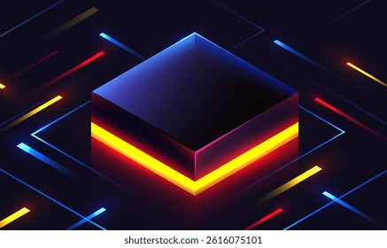 Brightly glowing glass computer chip on circuit board. Technology background. CPU processor on tech bg. Computer microchip on motherboard. Vector illustration