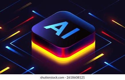 Brightly glowing glass computer chip on circuit board. Technology background. CPU processor on tech bg. Computer microchip on motherboard. Vector illustration