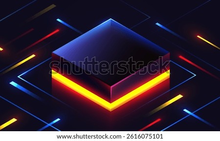 Brightly glowing glass computer chip on circuit board. Technology background. CPU processor on tech bg. Computer microchip on motherboard. Vector illustration