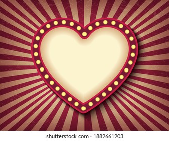 Brightly Glowing Heart Retro Cinema Neon Sign. Saint Valentine Day Circus Style Show Banner Template. Background Vector Poster Love Postcard