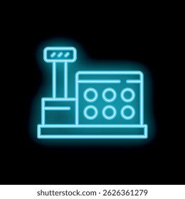 Brightly glowing neon cash register icon on dark background, perfect for retail and commerce visuals
