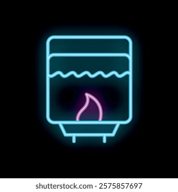 Brightly glowing neon gas water heater icon on a dark background