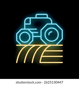 Brightly glowing neon icon of a tractor plowing a field, representing agriculture and farming
