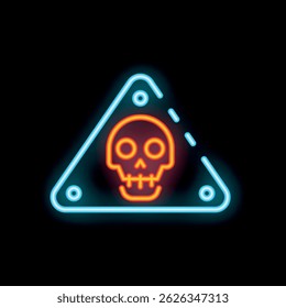 Brightly glowing neon sign showing a triangle warning sign with skull symbol on black background