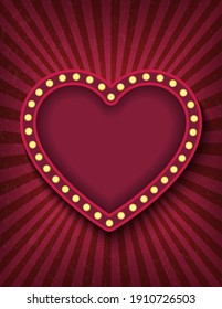 Brightly glowing red heart retro cinema neon vertical sign. Saint Valentine Day circus style show banner template. Background vector poster love postcard