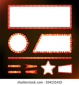 Brightly glowing set retro cinema neon sign vector design