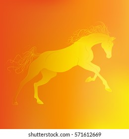 Brightly glowing vector illustration of a galloping horse. Juicy yellow orange background