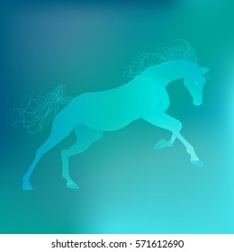 Brightly glowing vector illustration of a galloping horse. Juicy blue aquamarine background