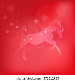 Brightly glowing vector illustration of a galloping horse. Juicy red pink background. love symbol