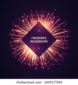 Brightly gold fireworks on purple background. Cube frame with free space for text. Realistic fireworks explosion and shining sparks arranged in circle. Celebration and anniversary vector illustration