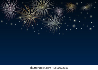 Brightly gold fireworks and stars on twilight. Festival or holiday fireworks banner on dark blue background with copy space. Firework show on night sky. Independence day. Stock vector illustration
