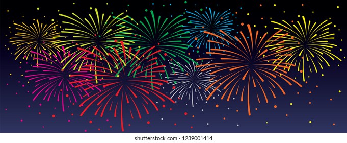 Brightly happy new year fireworks. Firework sky sign. Winter landscape with falling stars. Vector blurred, twilight background. Panorama party celebration for Merry Christmas,  xmas or festival.