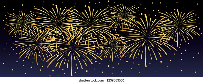 Brightly happy new year fireworks. Firework sky sign. Winter landscape with falling golden stars. Vector blurred, twilight background. Panorama party celebration for Merry Christmas, xmas or festival.