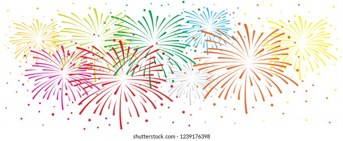 Brightly happy new year fireworks. Firework sky sign. Winter landscape with falling stars. Vector blurred, twilight background. Panorama party celebration for Merry Christmas,  xmas or festival.