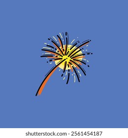 Brightly illuminated firework bursting with colorful sparks, drawn in a graphic style against a vivid blue backdrop. Perfect for new year, festive designs, and creative event invitations.