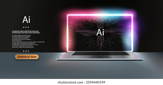 Brightly illuminated laptop showcasing artificial intelligence concept with colorful lights and digital patterns