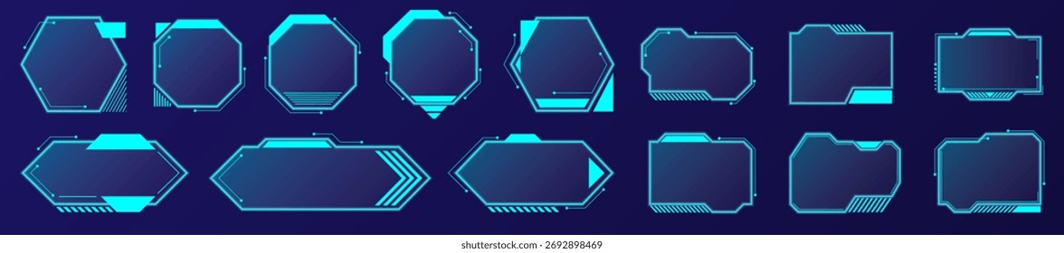 Brightly illuminated UI elements arranged in a futuristic geometric display.