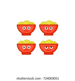 Brightly illustrated red bowls with noodles showcasing different facial expressions. Perfect for creative projects, food visuals, or emotive representations in graphic designs. Multiple expressions br
