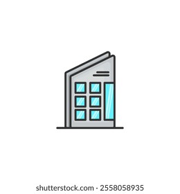 Brightly illustrated representation of a modern corporate office building, featuring blue windows and sleek design, isolated on a white background.