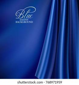 Brightly lit blue curtain background. Blue silk satin material. Vector illustration.