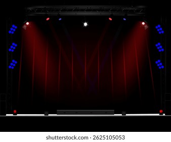 Palco vazio iluminado com luz vermelha e azul, treliças, suportes laterais com lâmpadas redondas, alto-falantes pretos nas laterais, fundo escuro com realces vermelhos. Para eventos. Ilustração do Vetor EPS10.