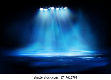 Brightly lit street lamps in the fog. Show on stage. City at night. Spotlights on blue background. Vector illustration.