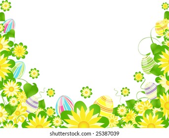 brightly painted easter eggs hidden among spring flowers