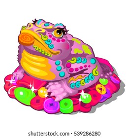 Brightly painted figurine of a frog with Chinese coin isolated on white background. Vector illustration.
