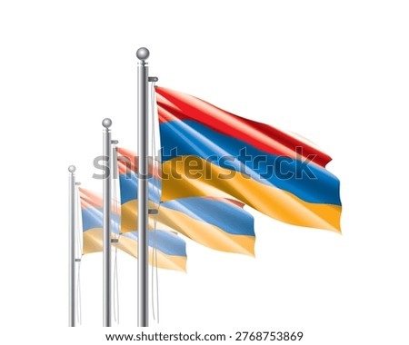 Brightly shining Armenian flags wave proudly on tall masts during official celebration events