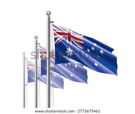 Brightly shining Australian flags wave proudly on tall masts during official celebration events