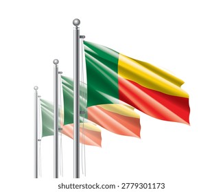 Brightly shining Benin flags wave proudly on tall masts during official celebration events