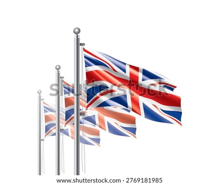 Brightly shining British flags wave proudly on tall masts during official celebration events
