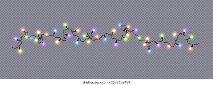 Brightly shining Christmas lights realistic vector icon. Neon illumination fairy-light line 3d object illustration on transparent background