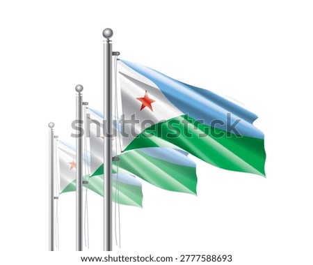 Brightly shining Djibouti flags wave proudly on tall masts during official celebration events