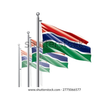 Brightly shining Gambian flags wave proudly on tall masts during official celebration events