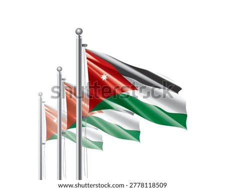 Brightly shining Jordanian flags wave proudly on tall masts during official celebration events