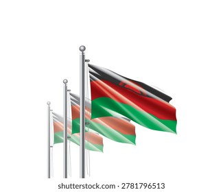 Brightly shining Malawian flags wave proudly on tall masts during official celebration events