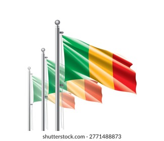 Brightly shining Malian flags wave proudly on tall masts during official celebration events