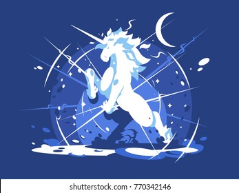 Brightly shining unicorn mythical beast. Animal horse with horn. Vector illustration