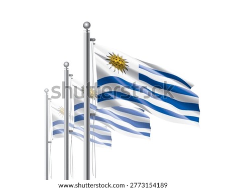 Brightly shining Uruguayan flags wave proudly on tall masts during official celebration events