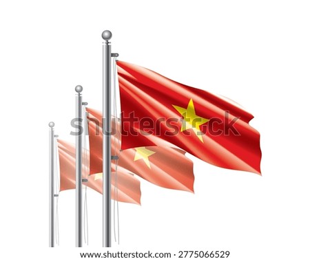 Brightly shining Vietnamese flags wave proudly on tall masts during official celebration events