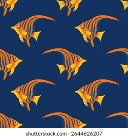 Brightly tropical fish. Seamless pattern with fish on blue background. For textiles, wallpapers and packaging, postcards or covers.