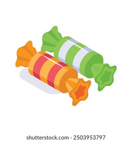 Brightly wrapped candies isometric icon, a sweet treat for the holiday season