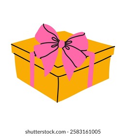 Brightly wrapped gift box with a large pink bow ready for celebration or surprise occasion