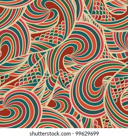 Brightly-colored hand-drawn abstract seamless pattern, waves design