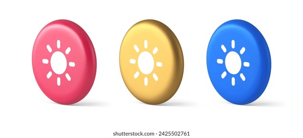 Brightness button sun light warm cold contrast digital interface 3d realistic blue gold and pink icons. Bright setting display digital device exposure edit level web application