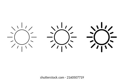 Brightness control different sizes line icon set in black. Sun outline symbol. Trendy flat isolated sign for: illustration, logo, mobile, app, emblem, design, web, dev, ui, ux, gui. Vector EPS 10