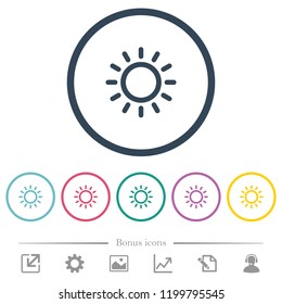 Brightness control flat color icons in round outlines. 6 bonus icons included.