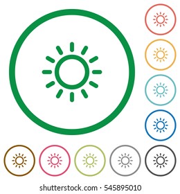 Brightness control flat color icons in round outlines on white background