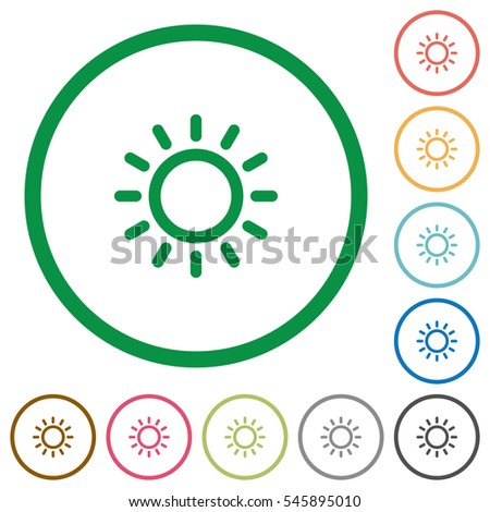 Brightness control flat color icons in round outlines on white background